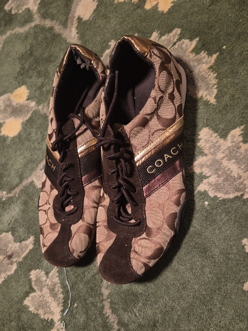 Coach Kids Brown Signature Logo Sneakers with Gold Accent